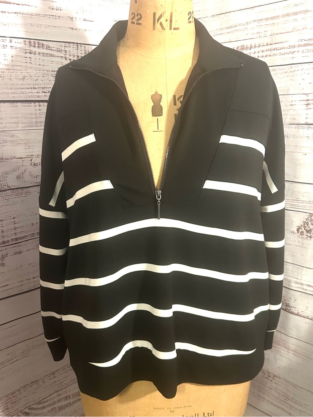 Black White Striped Half Zip Pullover Top 2X | Cable & Gauge Studio